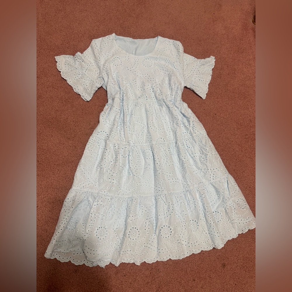 New large blue ruffle short boho eyelet lace dress